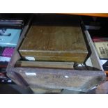 Wooden crate full of ephemera including letters, post cards, vintage coins, etc