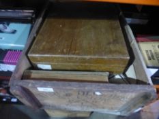 Wooden crate full of ephemera including letters, post cards, vintage coins, etc