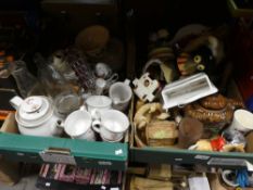 Two boxes of sundry items to include Denby teaware, teapots, and glassware