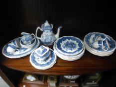 A quantity of Masons patent ironstone, blue and white china plates, teapot, cups, sugar bowl, etc