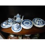 A quantity of Masons patent ironstone, blue and white china plates, teapot, cups, sugar bowl, etc