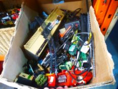 Three mixed boxes of model cars incorporating Dinky, Matchbox, etc