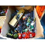 Three mixed boxes of model cars incorporating Dinky, Matchbox, etc