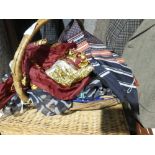 Basket of various silk scarves and a box vintage ladies swimwear