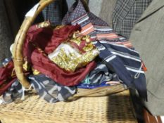 Basket of various silk scarves and a box vintage ladies swimwear