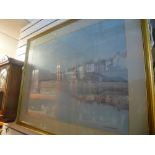 A Large gilt framed print of a beach scene