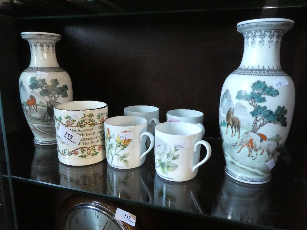 Pair of Oriental porcelain vases decorated with horses under trees and 4 German floral decorated