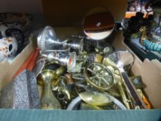 One box of silverplate and brass items, to include: candelabra and animal figures.