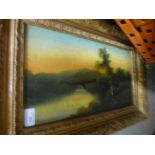 Four wooden framed picture depicting country water theme and one larger framed picture of oriental