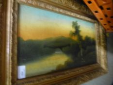 Four wooden framed picture depicting country water theme and one larger framed picture of oriental