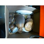 Box of Denby pottery, to include: Salt and peppers, jugs, plates and teapots.