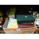 Box including vintage games, Subuteo soccer players and mixed metalware