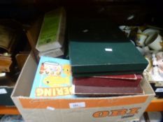 Box including vintage games, Subuteo soccer players and mixed metalware