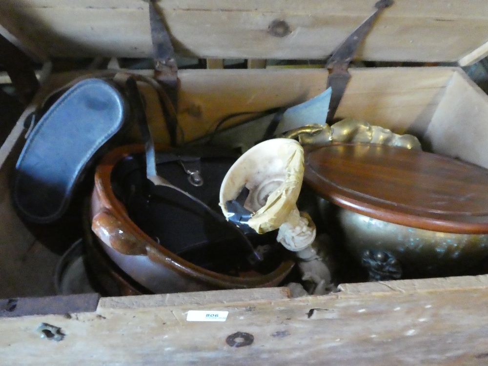 A wooden chest with a brass bowl on legs, Spanish style dishes, metalware and binoculars