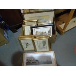 A box of framed and glazed paintings and prints and large framed pictures and a mirror