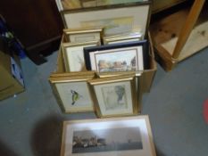 A box of framed and glazed paintings and prints and large framed pictures and a mirror