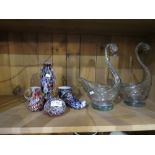 Small collection of Murano style glass and two glass swan bowls.