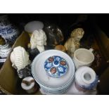 5x Boxes of mix china/ glass, sundries, tankard, statues, vases and Royal Worcester china