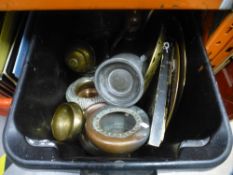 A tub of mixed metal items to include teapots, bowls, vase, etc