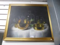 A still life painting of cooking utensils in a gilt frame