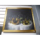 A still life painting of cooking utensils in a gilt frame