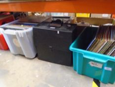 Green crate containing LPs of 80's, DJ house and dance music plus folder carry case and plastic box