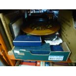 Copper bed warming pan and box of mixed items to include: Soda syphon, Sandro Radio, Royal Worcester