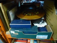 Copper bed warming pan and box of mixed items to include: Soda syphon, Sandro Radio, Royal Worcester