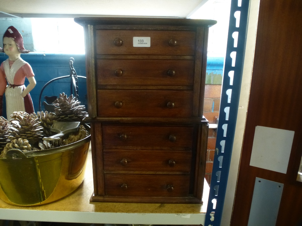 Two wooden small office drawer and vintage cupboard with enclosed six draws