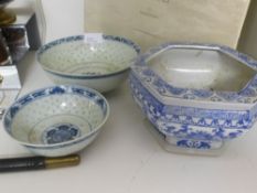 Two Chinese blue and white bowls - both chipped to rim - and one other bowl