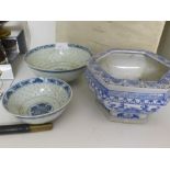 Two Chinese blue and white bowls - both chipped to rim - and one other bowl