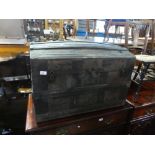 Old vintage brass bound travelling trunk with small example inside