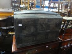 Old vintage brass bound travelling trunk with small example inside