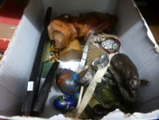 Small box including miniatures, costume jewellery, wooden carving