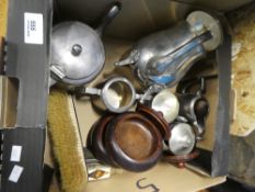 A small box of silver plated ware, to include tea pot, coffee pot, jugs and wooden boxes, etc