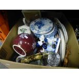 Two boxes of china to include silver plate bedroom set, Bells commemorative Whisky bottle, plates,