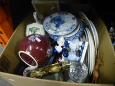 Two boxes of china to include silver plate bedroom set, Bells commemorative Whisky bottle, plates,