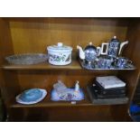 A box of silverplated ware, china and glass to include cutlery, serving dishes etc.