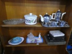 A box of silverplated ware, china and glass to include cutlery, serving dishes etc.