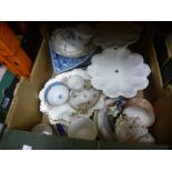 Two mixed boxes of china, to include oriental blue style plates and oriental vases with markings,
