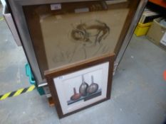 Framed and glazed drawing of a gazelle by John Skeaping, and print of vases