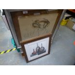 Framed and glazed drawing of a gazelle by John Skeaping, and print of vases