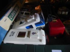 Box of vintage Playmobil children's toys including crane, ambulance, boat and clock golf set, etc