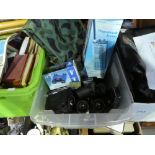 Box of binoculars, cameras and programmable scanner, leather biker's waistcoat