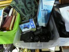 Box of binoculars, cameras and programmable scanner, leather biker's waistcoat