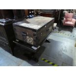 Wooden and metal bound trunk, lined interior with a key