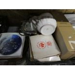 Box containing Copenhagen collector's plates, other collector's plates, cutlery, wooden bowl, etc