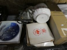 Box containing Copenhagen collector's plates, other collector's plates, cutlery, wooden bowl, etc