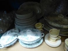 Collection of green and white dinnerware 'Hanwell' and large decorative splatted silver bowl, etc