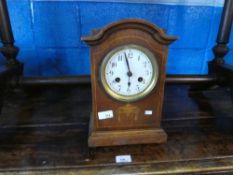 Edwardian inlaid mahogany mantle clock with enamelled dial